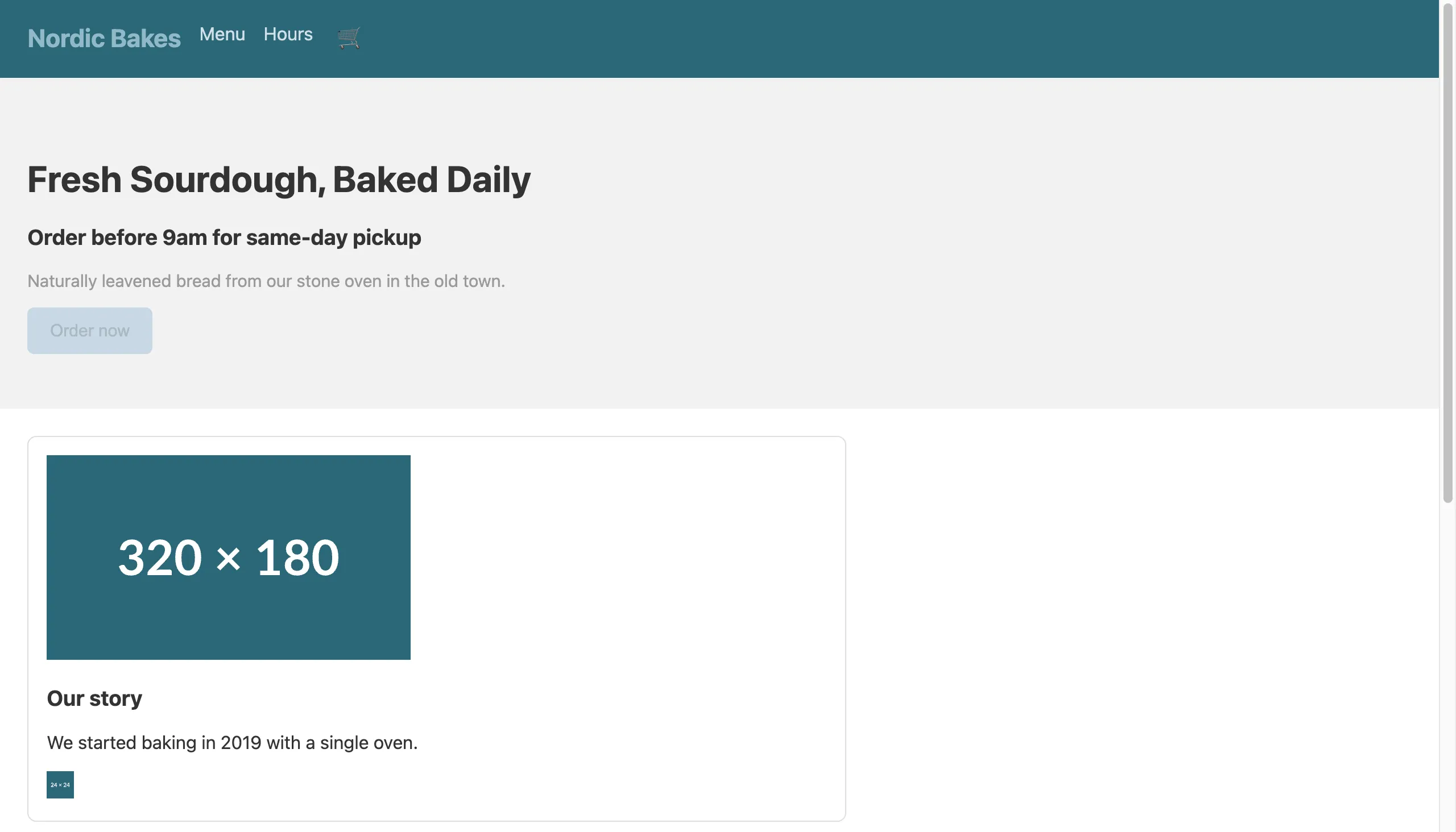 The before Nordic Bakes landing page. It looks fine, but six accessibility violations are hiding in it