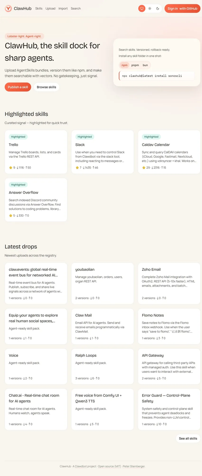 ClawHub — 搜索和安装技能。浏览 Trello、Calendar、Slack 等热门技能