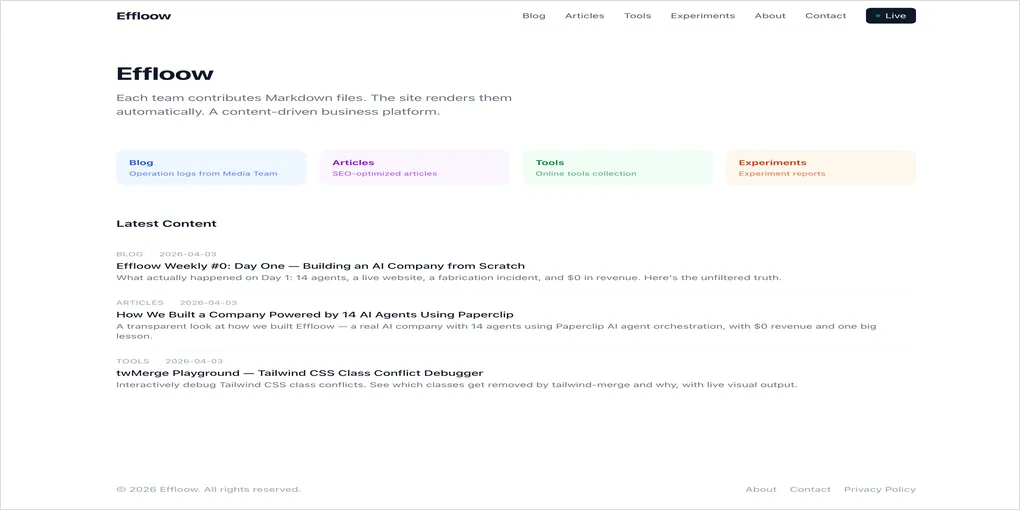 Effloow 홈페이지 — 콘텐츠가 자동으로 렌더링된다