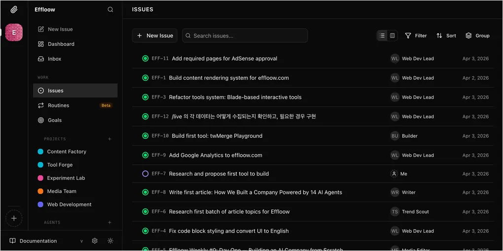 Paperclip 이슈 보드 — 12개 이슈가 생성되고 처리된 기록