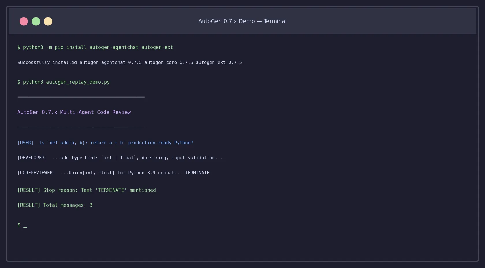 AutoGen 0.7.x execution log — multi-agent code review session