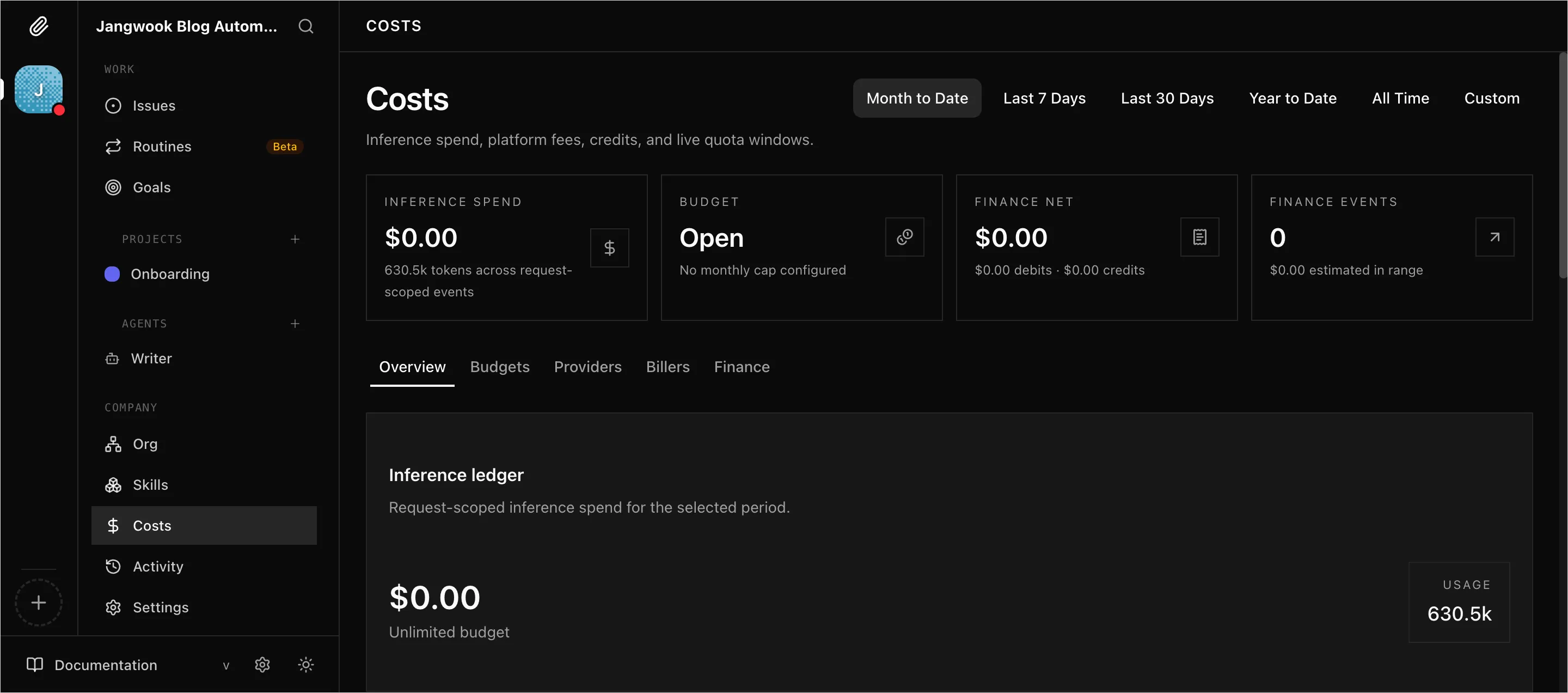 Costsページ — 推論コスト、予算、財務状況を期間別に確認できる