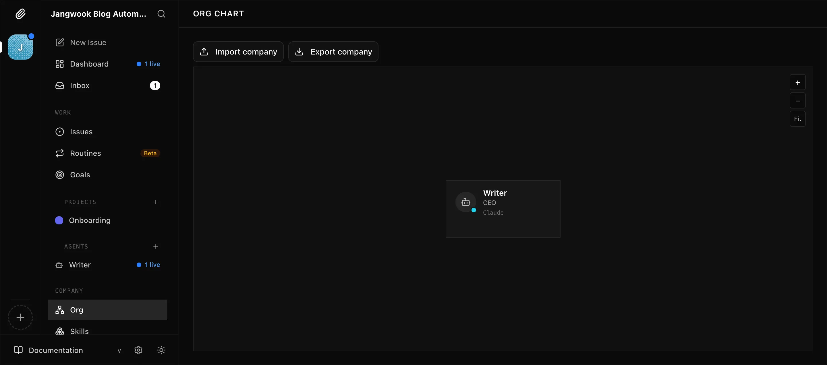 Org Chart — WriterエージェントがCEOの肩書きで表示された組織図